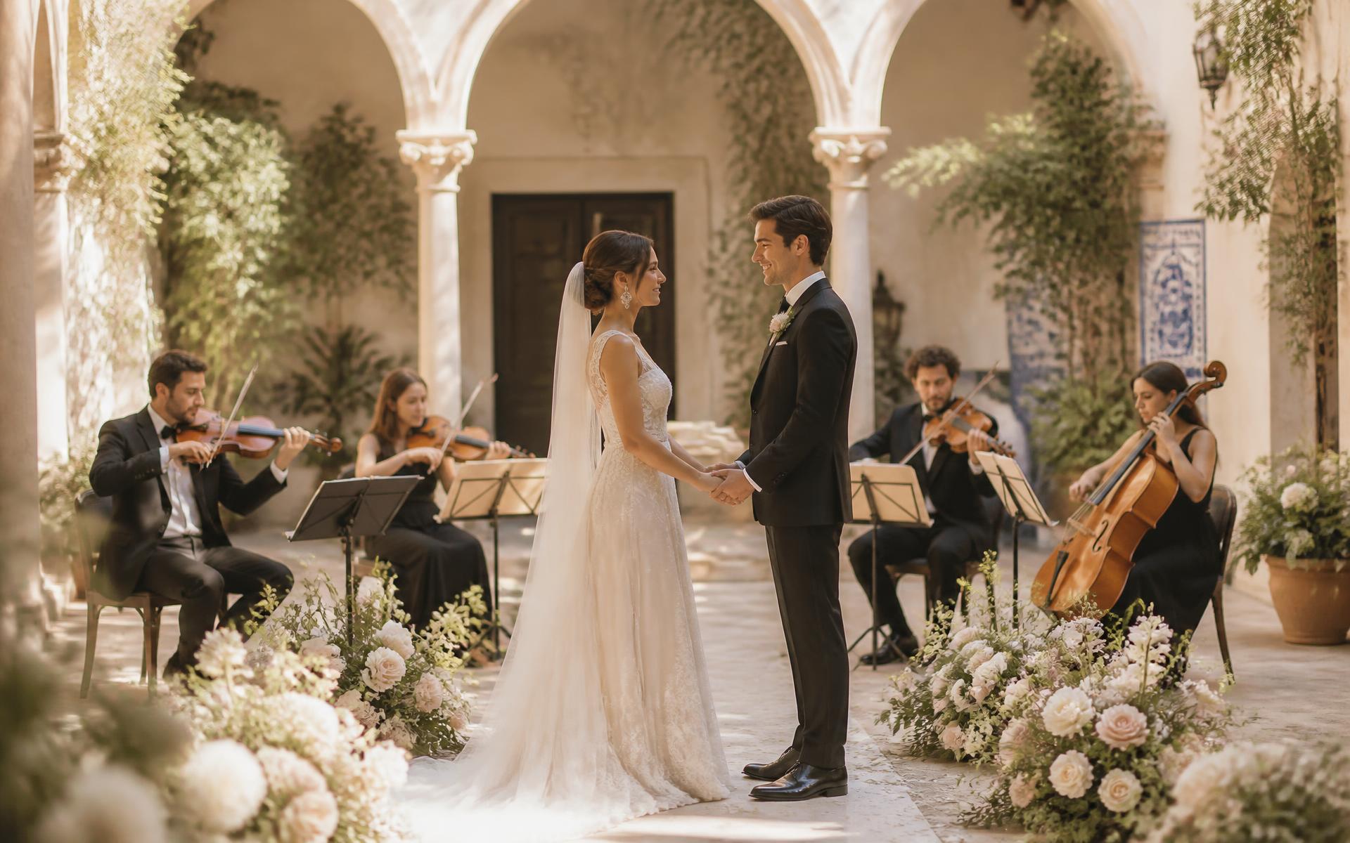 Músicos de cuerda tocando en una ceremonia de boda en un patio andaluz